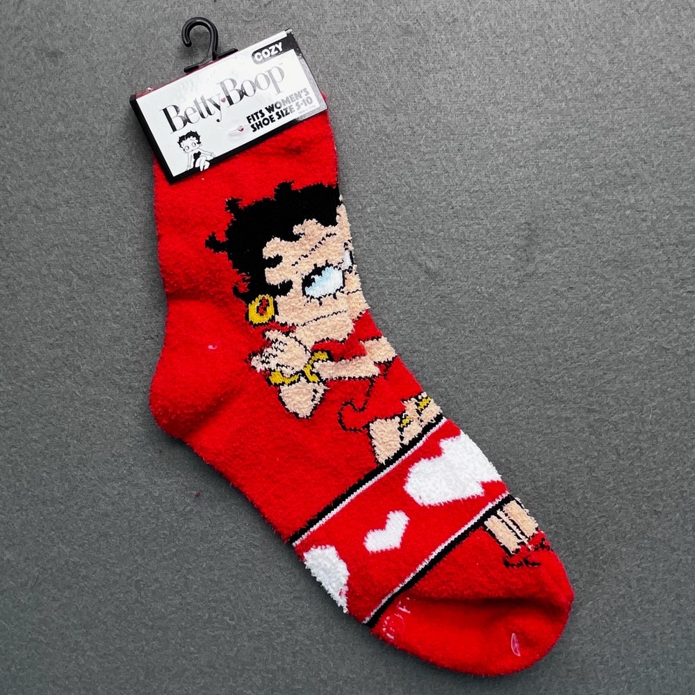 Betty Boop Cozy Socks Womens Shoe Size 5 10 Red Hearts Plush
